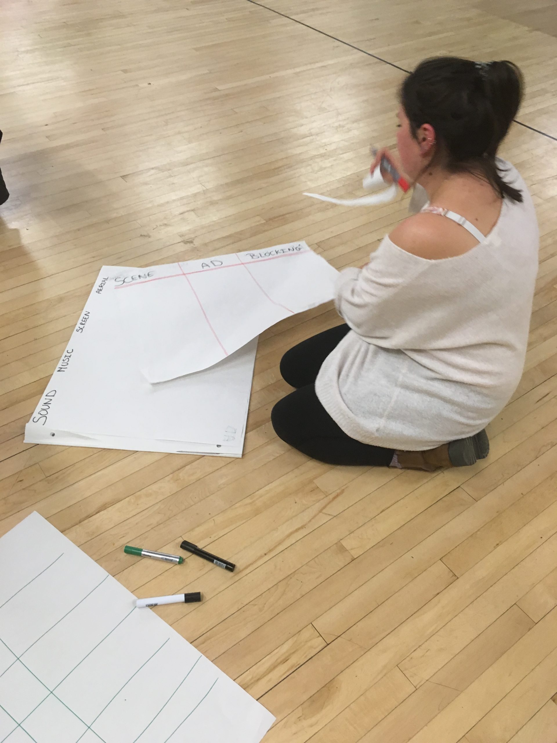 A photograph from over the shoulder of the Flight Paths Stage Manager, a young white woman with brown hair in a ponytail, wearing   an over-sized loose woollen white jumper and black leggings. She squats in front of an A2 size pad laying on the wooden floor in front of her. She holds a red pen, and on a torn off page from the pad, the words ‘screens’, ‘AD’ and ‘blocking’ are seen. On the pad underneath, reads, ‘Sound’, ‘music’, ‘screen’, ‘aerial’.  On the floor on the left, another sheet has a grid marked out in green. To the side of this are 3 marker pens.