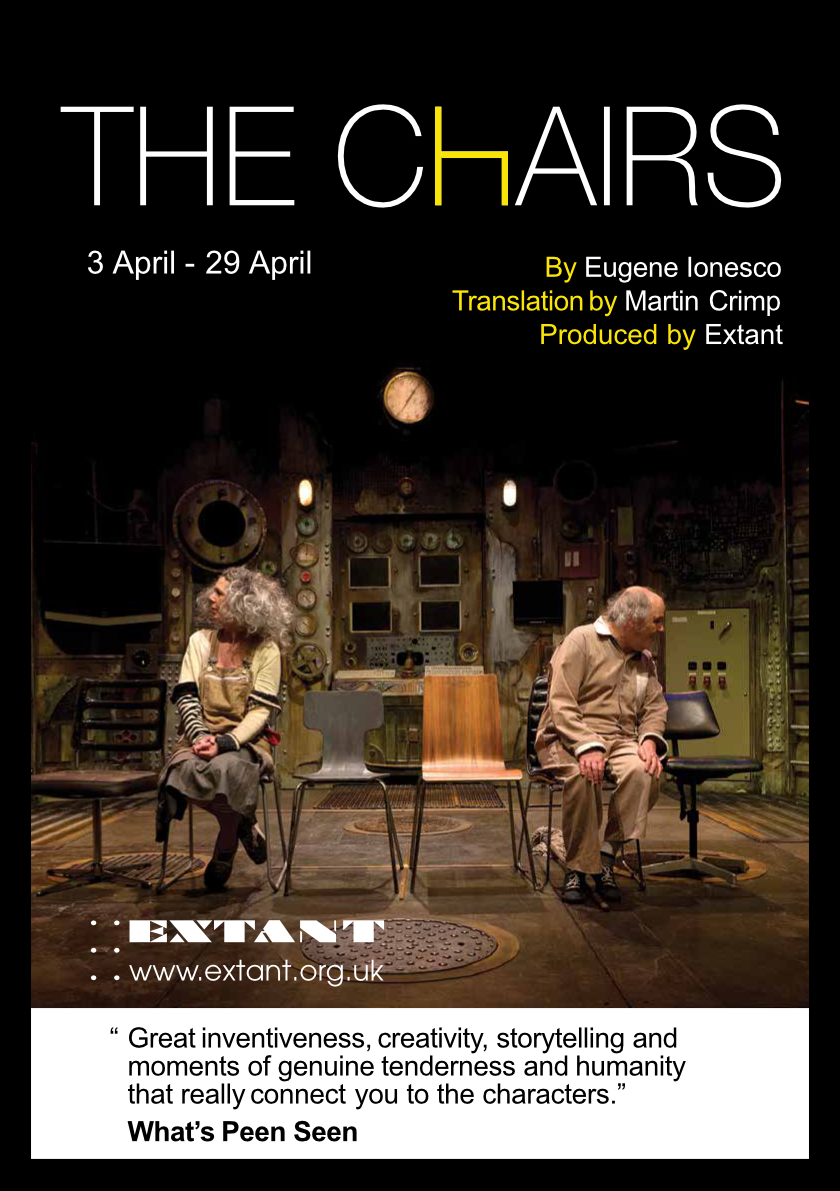 A production poster. A photographic image of two actors seated centre, separated by two empty upright chairs. On the Left Heather Gilmore, with large grey puffed hair and hands clasped in her lap with crossed legs, wears an assemblage of patchwork layered clothing. John Goddard, Balding and with curly messy grey hair, has his hands on his knees and wears brown overalls with white collar. Both actors face away from one another.  

Beyond Textured flooring, A backdrop rises behind them of industrial panels with a series of dials, wheels, buttons, and industrial lights, as well as porthole windows, wall ladders and a large central clock.
The title is in white on black, which gives details about touring information, review quotes and production credits.