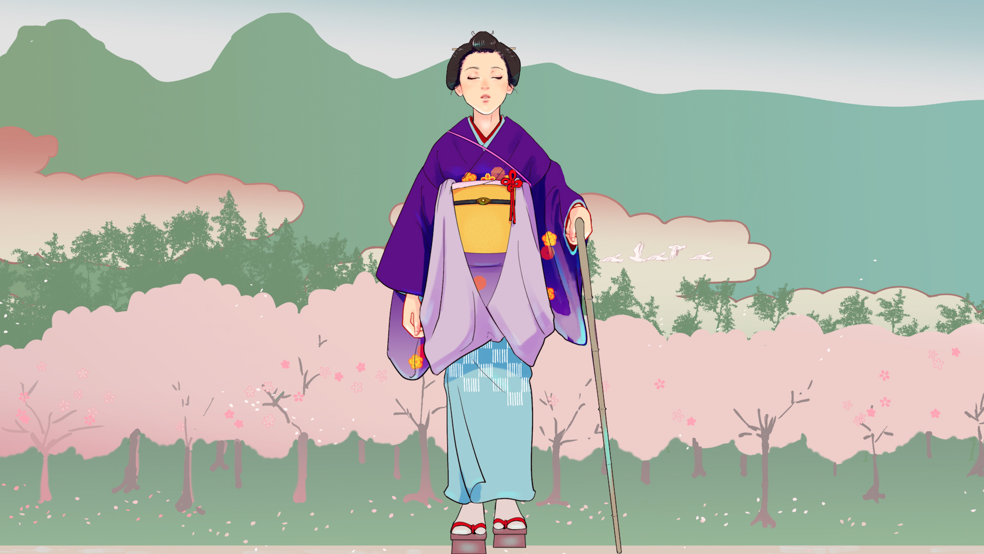 A digitally animated drawing of a close up of a blind Japanese woman walking in an open country landscape. She is in profile wearing a purple and light blue kimono patterned with orange flowers. She is right to the fore of the illustration, walking on green grass, with random pink petals on the grass. These come from a line of fluffy pink cherry trees which extend from left to right behind her. Behind these trees are a line of darker green pine trees, and further behind are fluffy misty pink clouds. In the far background is a blanket green landscape of hills, with the sky a gradation of pink, moving upwards into a pale green behind the hills.