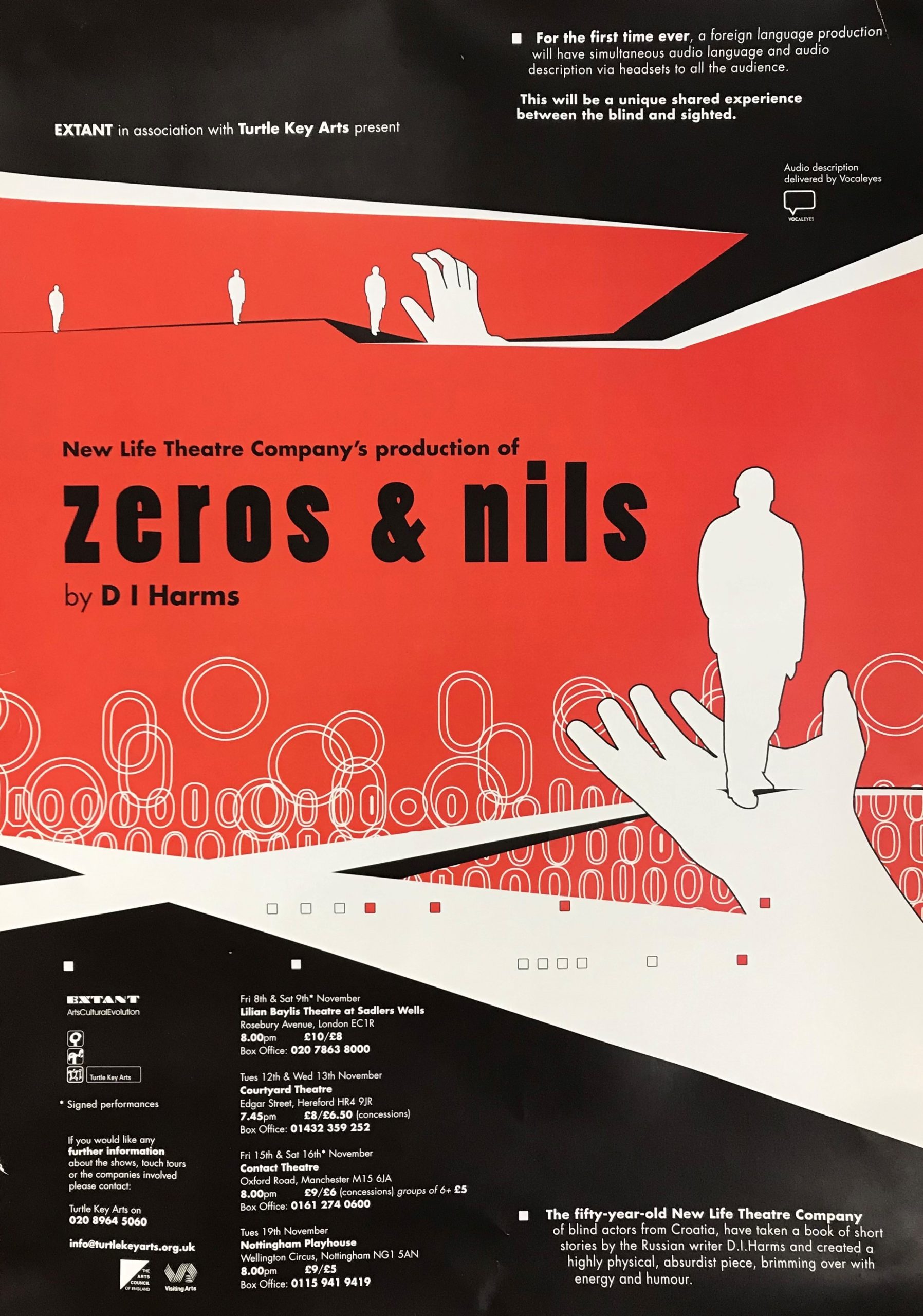 A graphic image of a production poster. In a red, black, and white expressionist style, three white silhouettes of a human figure grow in size, and a white silhouetted hand extends to grab the largest. Under this is the title in large black letters on a red background’ Zeros and Nils’.
On the right-hand side is a large silhouette of a man standing in the open palm of a hand. White diagonal lines extend from left to right, with a series of different sized rings in white, against red, rising behind.
White text on a black background gives the touring information and production description which says:
The 50-year-old New Life Theatre Company of blind actors from Croatia, have taken a book of short stories by the Russian writer D I Harms and created a highly physical, absurdist piece, brimming over with energy and humour”.
