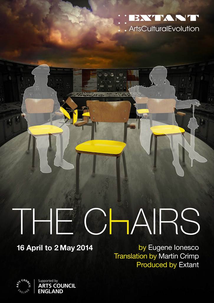 A graphic image of a production poster. The outlines of two ghostly transparent figures seated in simple wooden chairs. On the left presents a male, wearing a military style hat, angled towards a presenting female in a coat and folded parasol who faces front but is looking towards the male. Between them is an empty chair. Behind is a backdrop of a dark control station wall, however, the ceiling above is made up of broiling tinted yellow brown white and purple toxic clouds. 
the Extant logo is top right and below this there is White text on black, with some yellow scattered letters, reading: The Chairs. 16 April – 2 May 2014. 
By Eugene Ionesco, translation by Martin Crimp, produced by Extant. The Arts Council England logo is at the bottom
